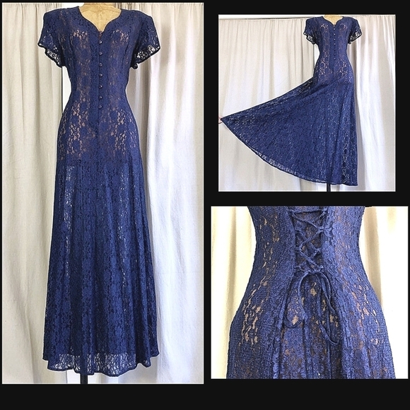 80s/90s Sheer Navy Lace Corset Back Flowy‎ Maxi Dress - Picture 1 of 6